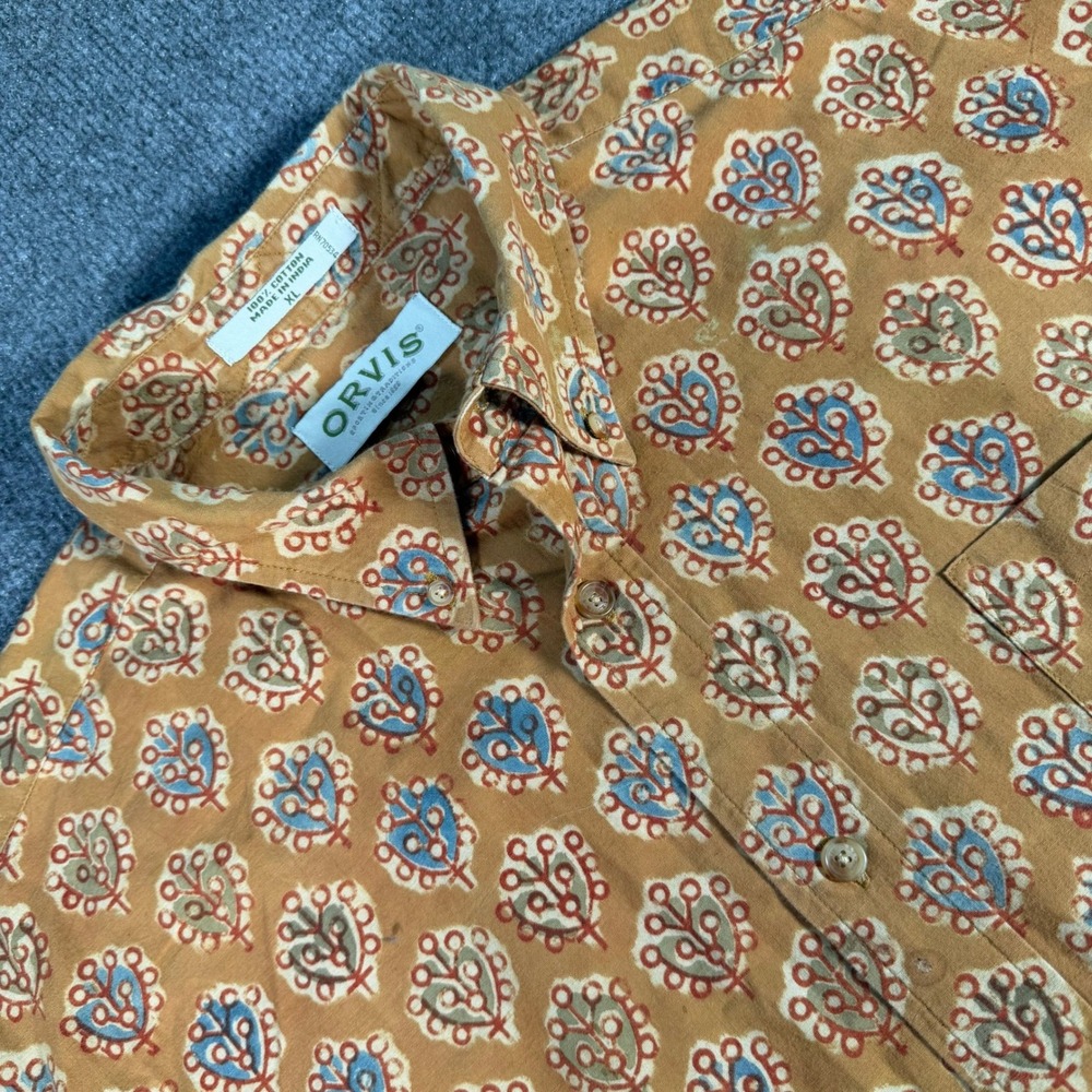 Orvis Men XL Short Sleeve Button Down Shirt Block Print Cotton Tan 65-6915 #4366
